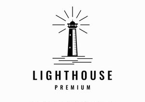 Sea lighthouse tower building creative logo with spotlights vintage vector template.