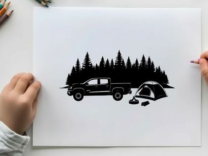 Camping silhouette with truck and tent in forest