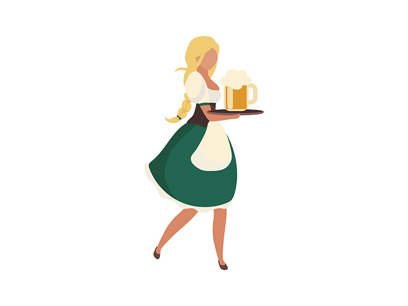 German woman carrying tray with beer semi flat color vector character
