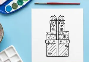 Christmas gift boxes stack with snowflake patterns, hand drawn line art illustration.