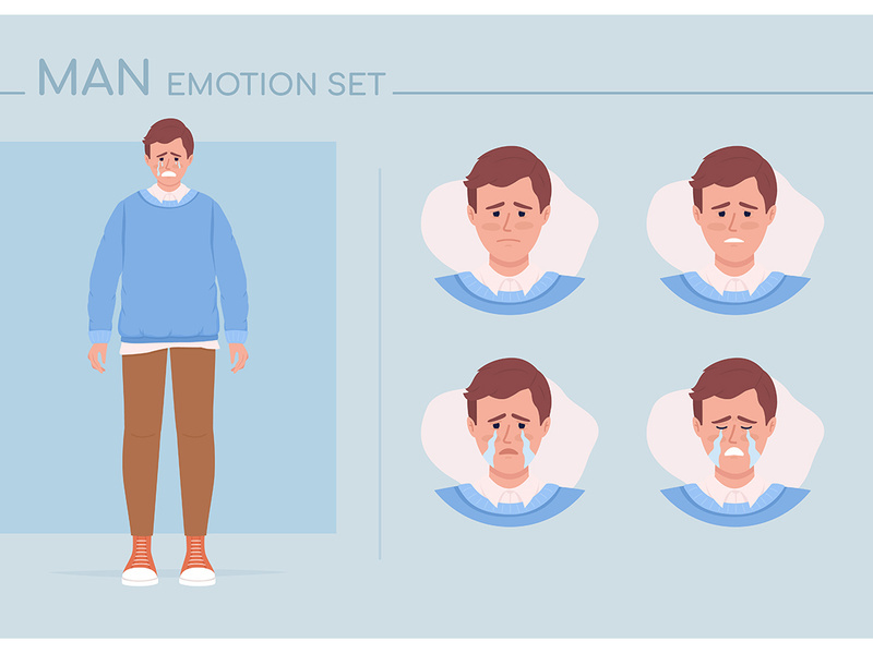 Unhappy young man semi flat color character emotions set