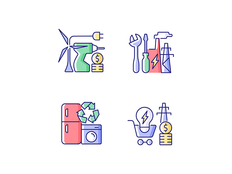 Alternative energy cost RGB color icons set