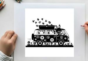 Silhouette of a decorated van with flowers and peace signs silhouette