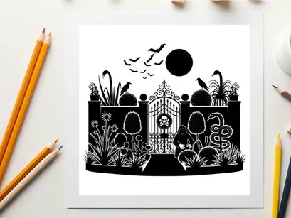 Silhouette of a spooky garden gate with skull and moon