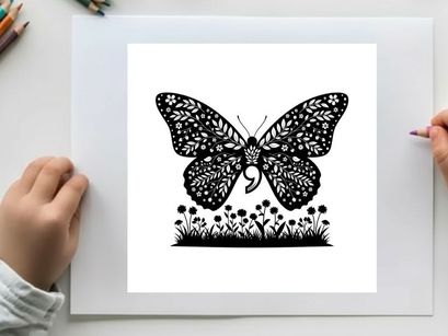 Butterfly silhouette with floral patterns and grass