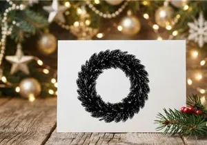 Black ink drawing of a Christmas wreath made of pine branches on a white background.