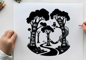 Whimsical forest silhouette with treehouses and winding path at dusk