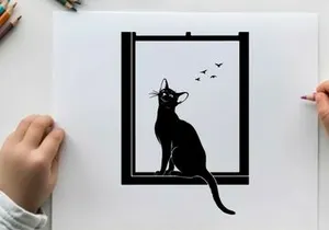 Silhouette of a cat looking out the window at birds silhouette