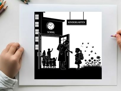 Silhouette of children and teacher outside kindergarten school entrance