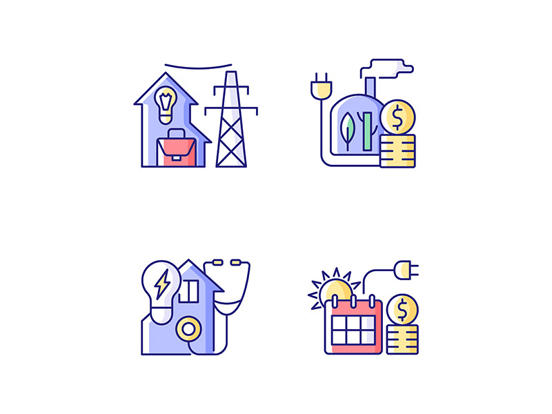 Electrical energy purchase RGB color icons set