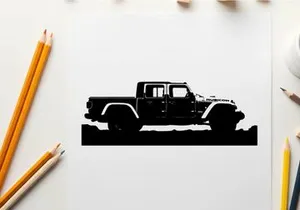 Silhouette of a jeep truck against a mountainous landscape silhouette