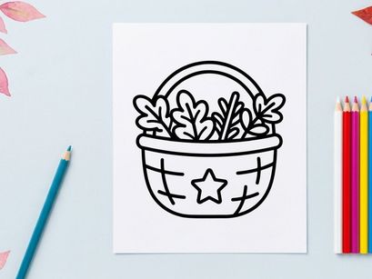 Basket with autumn leaves icon. Simple line art illustration of a harvest container.