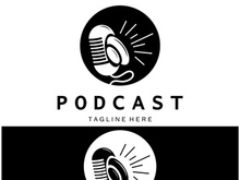 podcast logo with microphone and earphone audio, radio waves. for studio, talk show, chat, information sharing, interview, multimedia and web.
