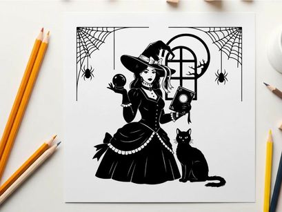Silhouette of a witch and her black cat on a spooky night
