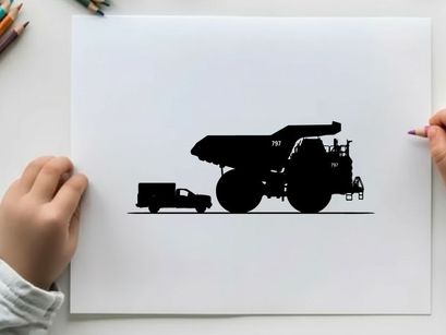 Silhouette of a large mining truck and small transport vehicle