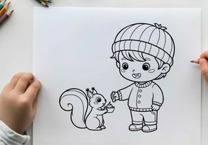 Boy feeding squirrel flat design vector illustration