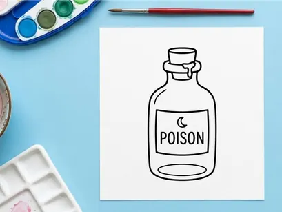Cartoon poison bottle with skull warning label. Toxic chemical hazard container illustration for safety and danger concepts.