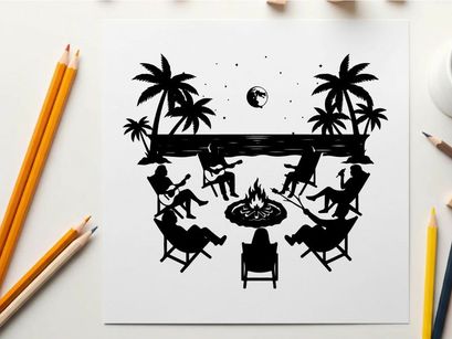 Silhouette of people sitting around a beach campfire at night