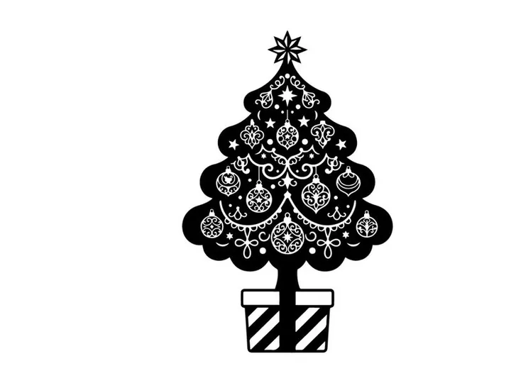 Stylized Christmas Tree with Ornaments and Gift Box for Holiday Decor