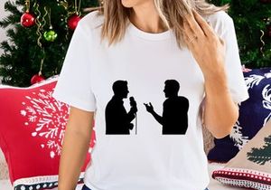 Two men communicating with a microphone and gestures in a simple silhouette