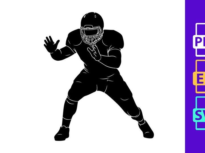 American football player in action wearing protective gear and uniform