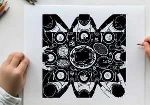 Silhouette of people gathered around a table with food in a symmetrical pattern