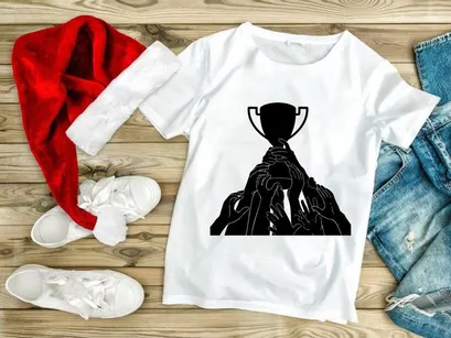 A group of hands holding up a trophy in celebration and teamwork