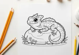 Cute cartoon lizard sitting on rock vector illustration