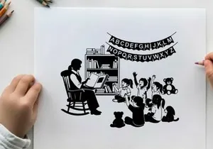 Silhouette of a woman reading to children in a library with alphabet banner