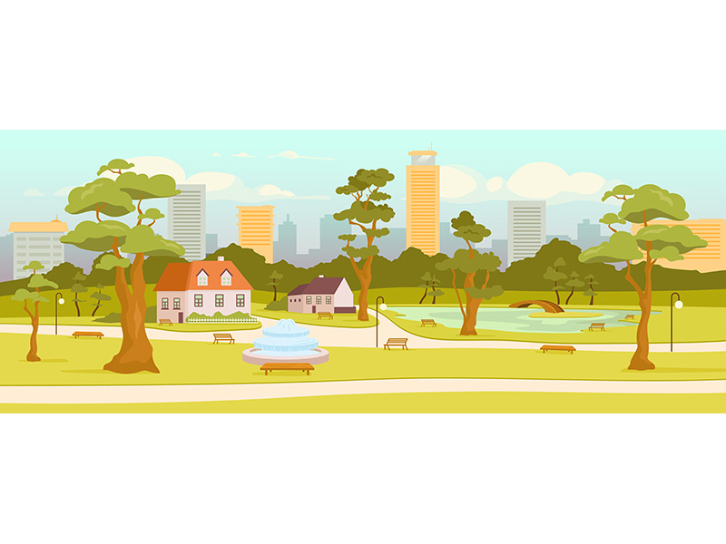 Town park flat color vector illustration