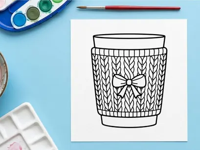 Weihnachts-Kaffeetasse mit gestricktem Überzieher und Schleifen-Linienillustration