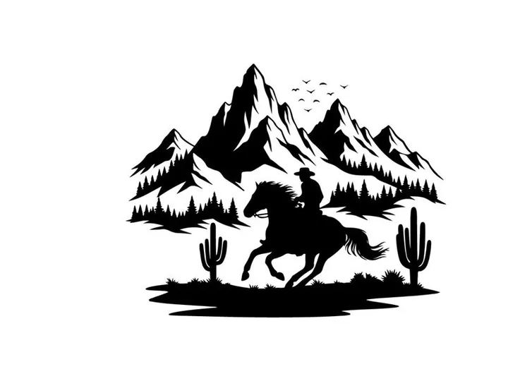 Cowboy riding horse silhouette in desert mountain landscape