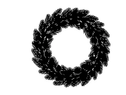 Black Christmas wreath silhouette isolated on white background for holiday design projects.