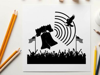 Liberty bell silhouette with eagle and american flags waving