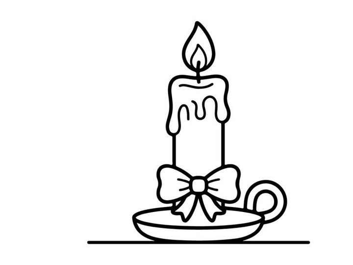 Hand-drawn Halloween candle with melting wax and decorative bow. Spooky holiday illustration featuring a lit taper on a dish for festive decor.