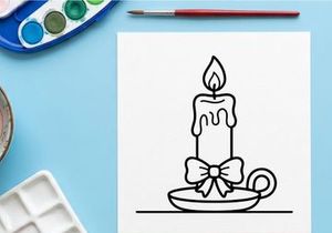 Hand-drawn Halloween candle with melting wax and decorative bow. Spooky holiday illustration featuring a lit taper on a dish for festive decor.