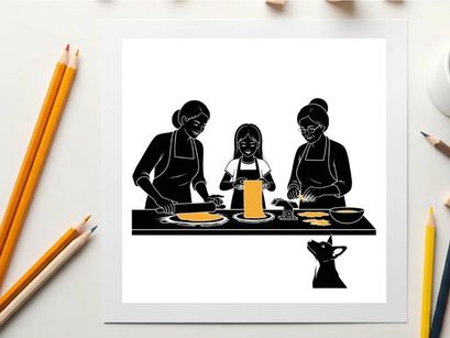 Silhouette of family cooking together in the kitchen with aprons on