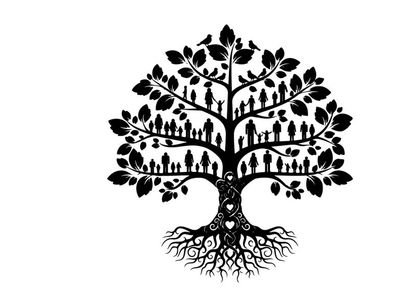 Family tree silhouette with roots and leaves illustration