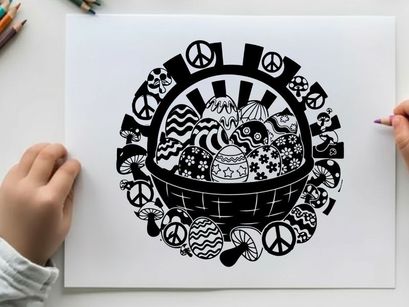 Vibrant silhouette of a bowl surrounded by peace signs