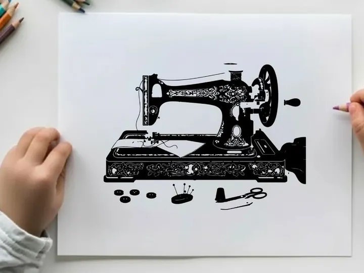 Vintage sewing machine with accessories in silhouette