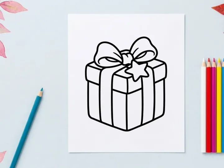 Ilustración de línea de caja de regalo navideña con un lazo decorativo y un icono de estrella.