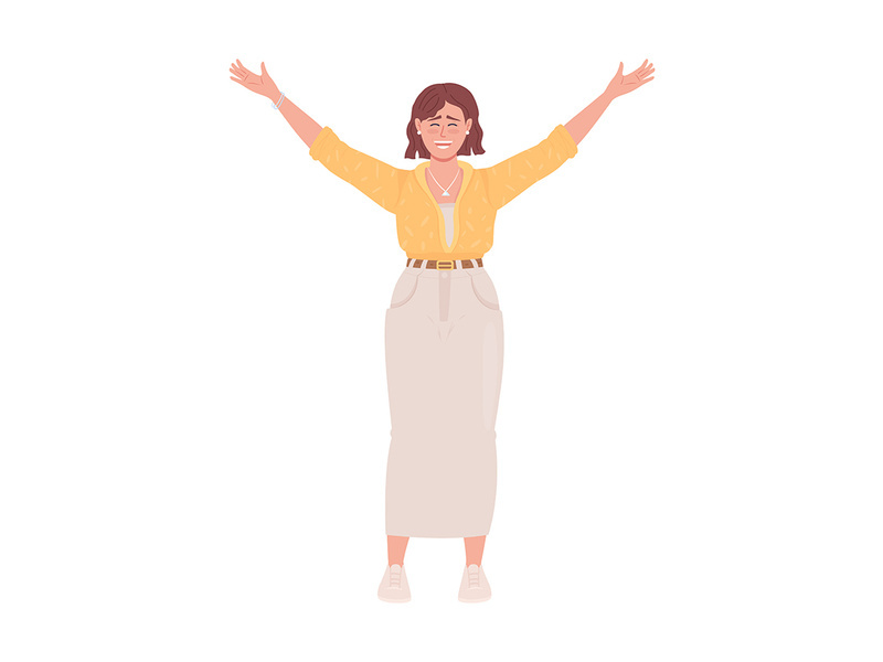 Joyful woman raising up hands vector character