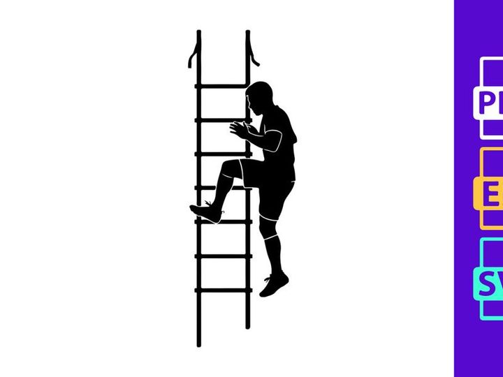 A person climbing a ladder with a determined expression and dynamic movement