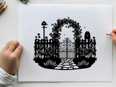 Silhouette of a garden gate with floral arch silhouette