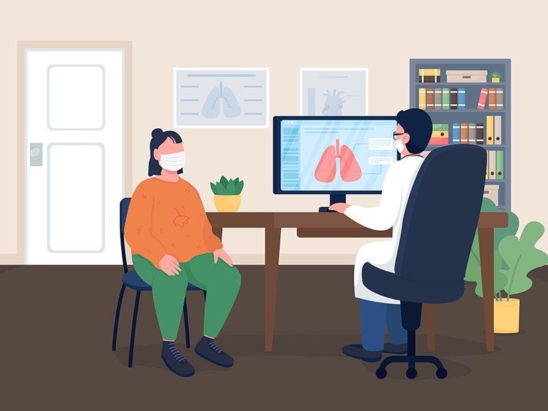 Doctor and patient in masks flat color vector illustration