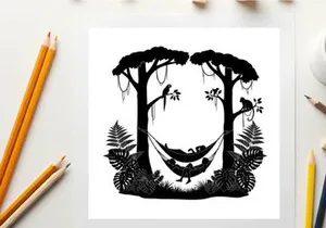 Serene silhouette of a person resting in a hammock between trees