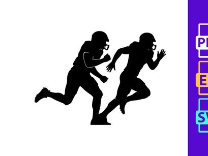Two american football players running side by side in black silhouette