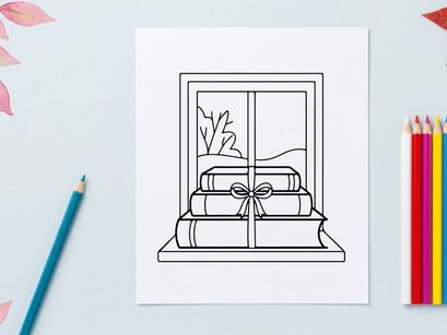Christmas books gift stack on window sill, winter holiday coloring page illustration.