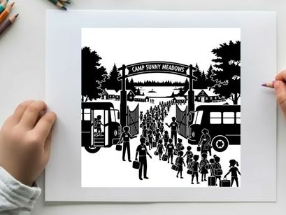 Camp sunny meadows silhouette illustration of children arriving at summer camp