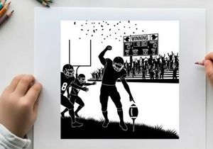 Silhouette of a football player celebrating a touchdown with confetti